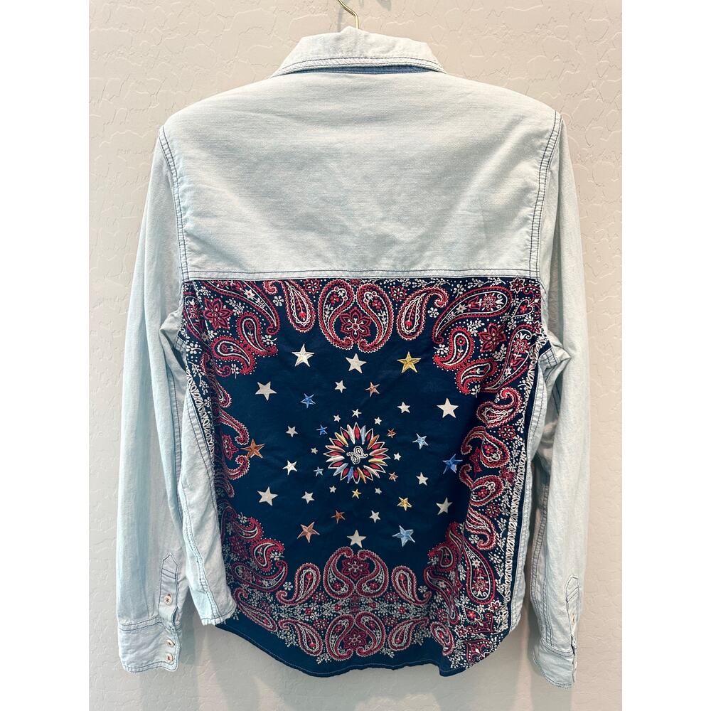 FREE PEOPLE Bandana Back Denim Shirt Boho Western Chambray Button Down Top Small
